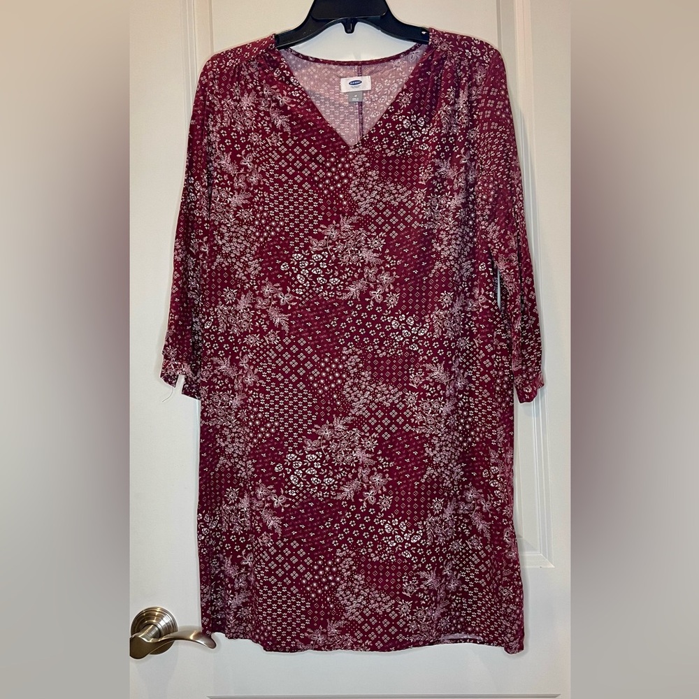 Burgundy Floral Tunic Dress 3/4 Sleeves Size M